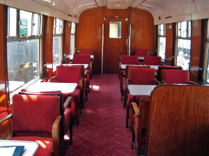 Standard class saloon in Restaurant Car 1674 at the Bluebell Railway